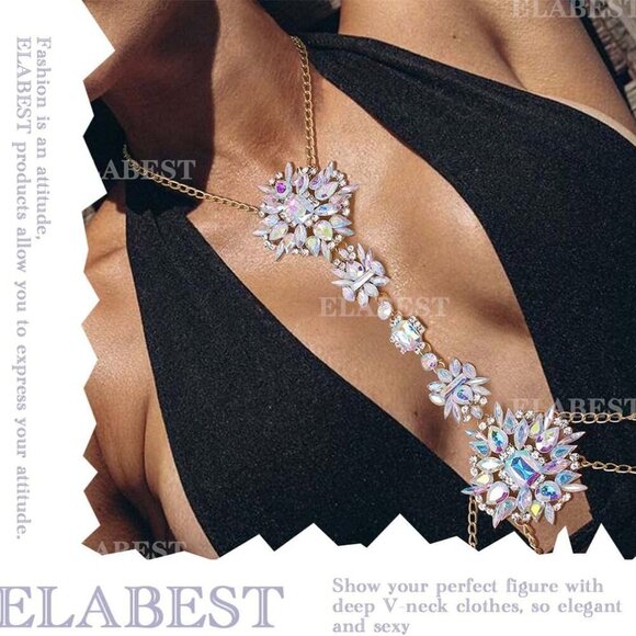 Boho Rhinestone Body Chain Jewelry Crystal Necklace Beach Party Accessory - Picture 2 of 7